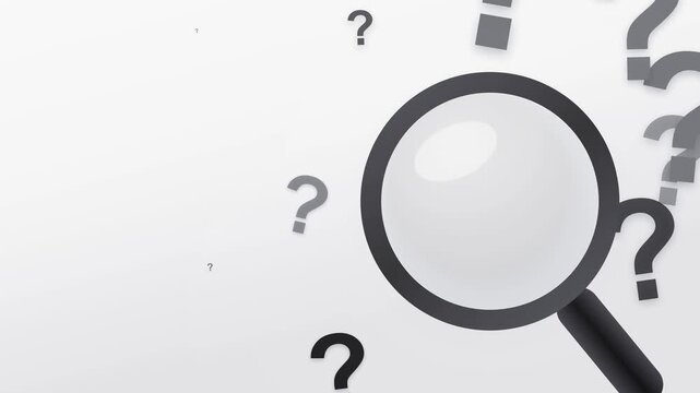 a magnifying glass with black question marks scattered on white background