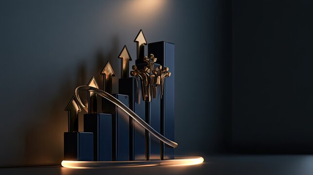 A stepped bar chart shows rising golden arrows and a curved path on dark pillars