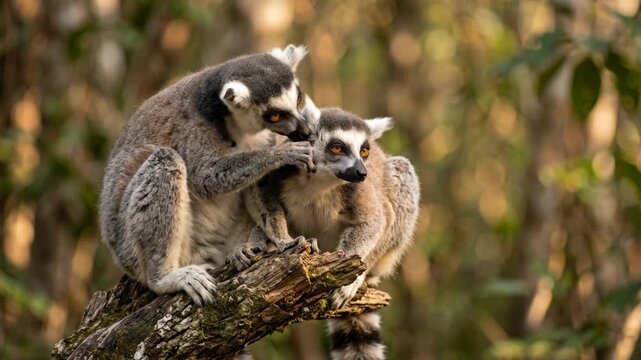 two lemurs close up on a tree at morning light in madagascar rainforest 