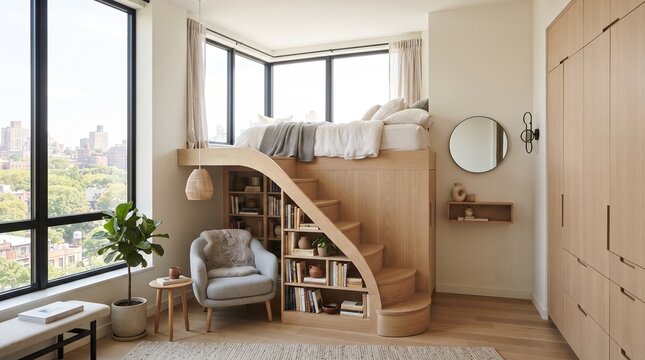 Modern light wood loft bed with built-in bookshelves and cozy reading nook in a bright urban apartment