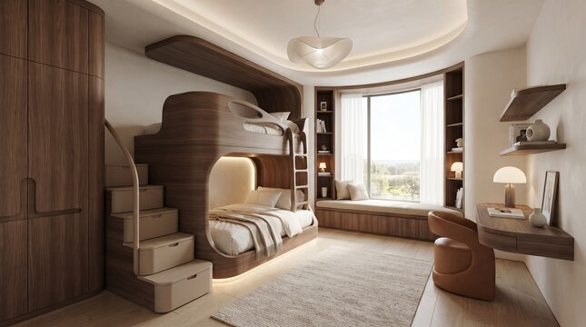 Modern bunk bed room design with large window and built-in seating area