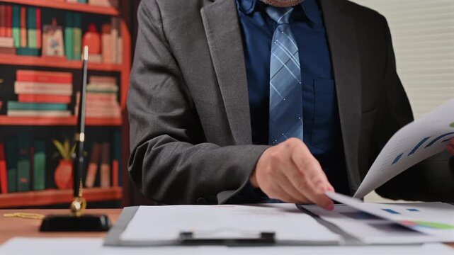 Professional executive conducts legal research, evaluating financial research before corporate analysis, executing document research following detailed risk analysis, reviewing official contract.