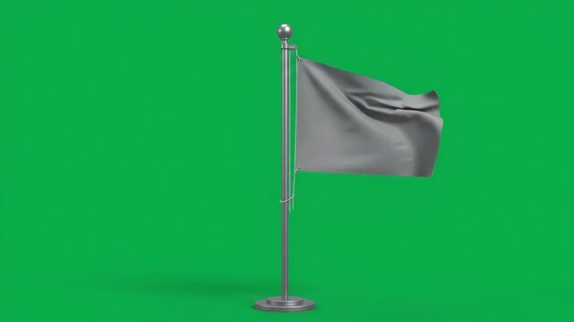 Blank gray flag waving on a flagpole against a vibrant green screen background, ready for custom branding or messaging.