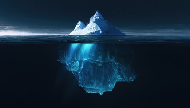 A jagged blue iceberg floating on the dark ocean surface with underwater portion