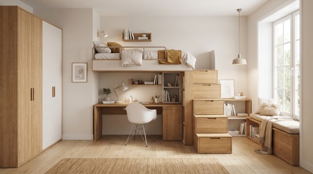 Modern and functional loft bed with integrated desk and storage solutions, creating a space-saving and stylish bedroom design