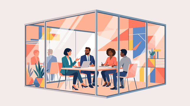 Diverse business team collaborating in a modern glass-walled office meeting room illustration