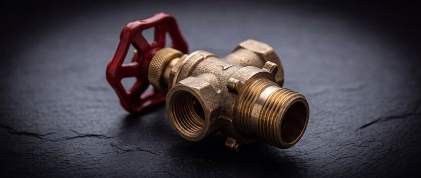 Brass gate valve with red handwheel on dark slate background represents plumbing components and fluid flow control devices for industrial use