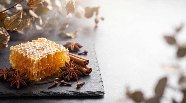 Natural / Organic Rich Honeycomb and Autumn Spices on Dark Slate Background for Seasonal Campaign