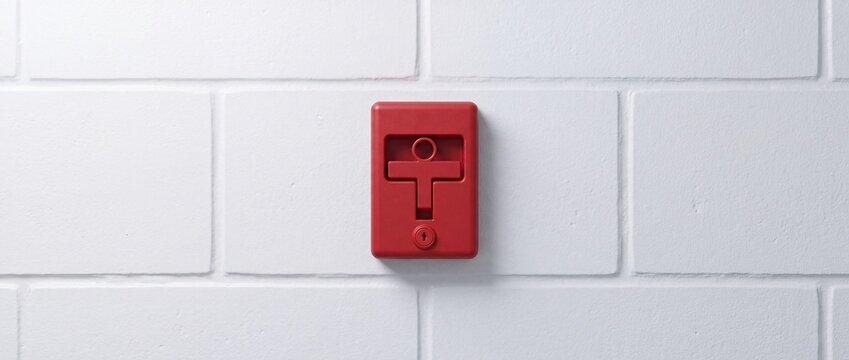 Red manual fire alarm call point mounted on white brick wall offers quick emergency alert activation inside public and industrial buildings