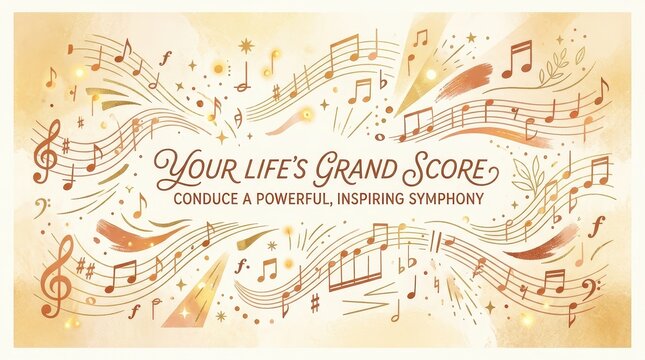 Your Life's Grand Score: Conducting a Powerful, Inspiring Symphony Illustrated with Musical Notes and Treble Clefs on a Warm Golden Background