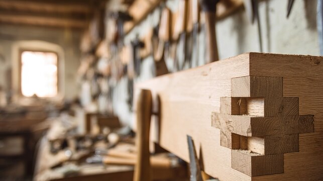 dovetail. Carpenter's workbench with detailed dovetail joint in focus, blurred tools in background. safety posters.