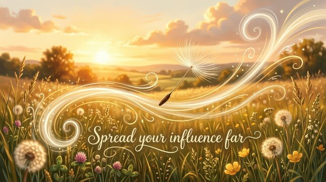 Whimsical dandelion seed disperses in a golden sunset field, spreading ethereal glowing swirls and inspiring a message of influence and growth