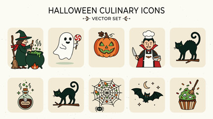 Fototapeta premium Halloween culinary vector icon set with witch, ghost, pumpkin, vampire chef, black cats, potion, spider web, bat, and cupcake.