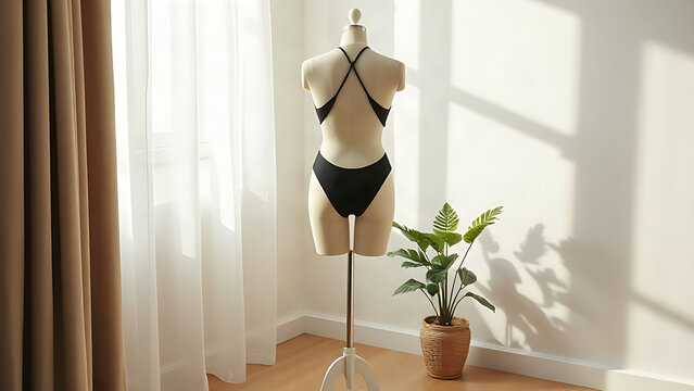 White dress form mannequin wearing black cutout-back monokini beside sheer curtain and potted plant, fashion retail interior concept