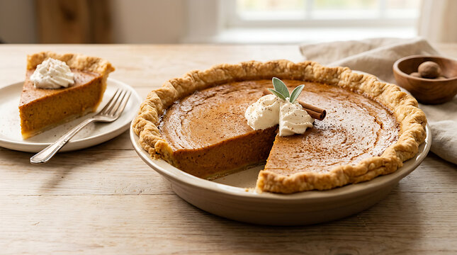 Homemade pumpkin pie with a slice served on a plate.