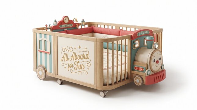Playful Vintage Train Themed Wooden Baby Crib with All Aboard for Fun Decorative Signage for Nursery Interior Design