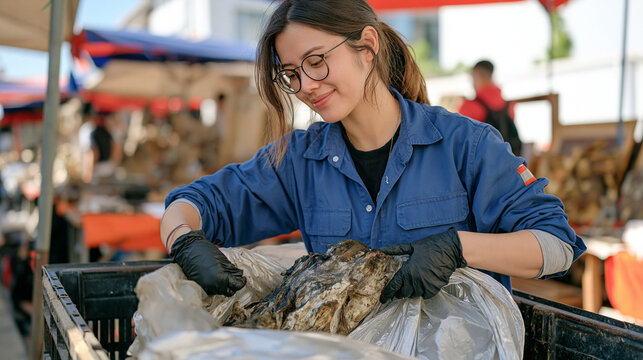 Art conservator at a vibrant open air antique market carefully unwraps a fragile sculpture recovered from a disrupted livestock transport crate, process of condition assessment captured mid action, 