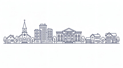 Obraz premium Minimalist City Neighborhood Line Art with Library and Church