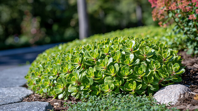 Curved green sedum rooftop edge detail isolated under harsh midday September sun, single object close up of planted succulent mat installed above urban parapet, aerial maintenance inspection, sustai