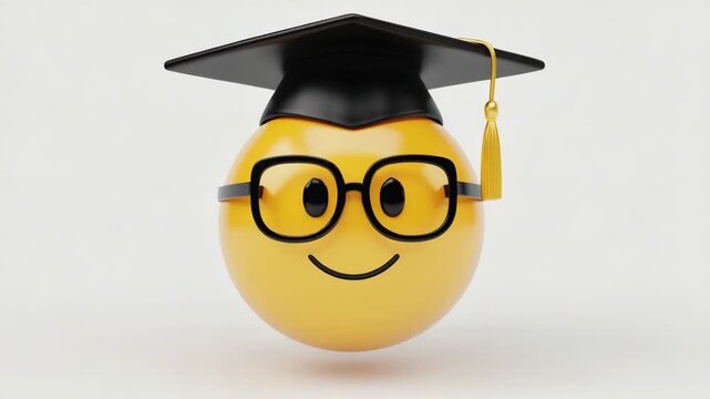 Cheerful 3D Graduate Emoji Wearing Academic Cap and Glasses Representing Education, Learning, Achievement and Career Success
