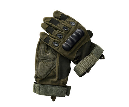 Stack on top of each other Isolated of dark green leather gloves for wearing while riding a motorcycle. Transparent background 