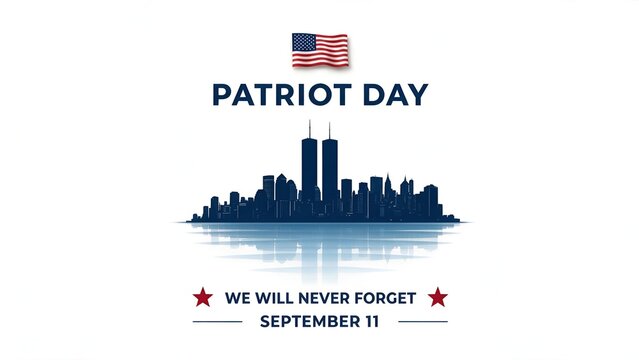 Patriot day memorial graphic with new york city skyline silhouette and american flag isolated on white background