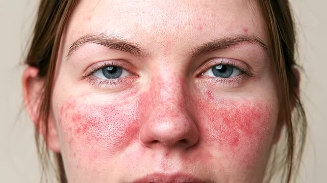 inflamed patches concentrated across a woman&rsquo;s cheeks and nose, visible rosacea symptoms on facial skin, rosacea, facial redness, couperose, skin inflammation, irritated skin,