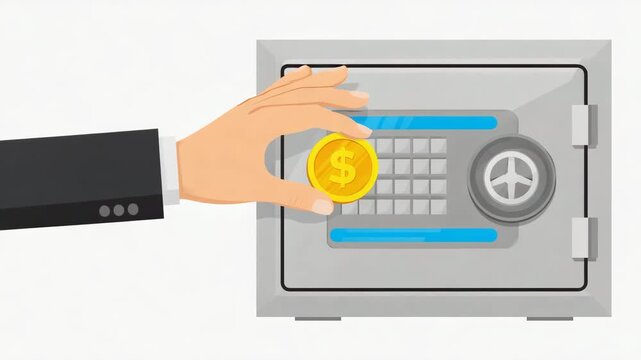 3D Hand Holding Gold Dollar Coin in Front of Secure Vault for Savings, Banking, Investment and Financial Protection