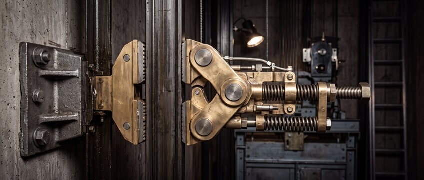 Industrial elevator safety brake mechanism with brass clamps and heavy steel springs mounted on vertical metal guide rail system