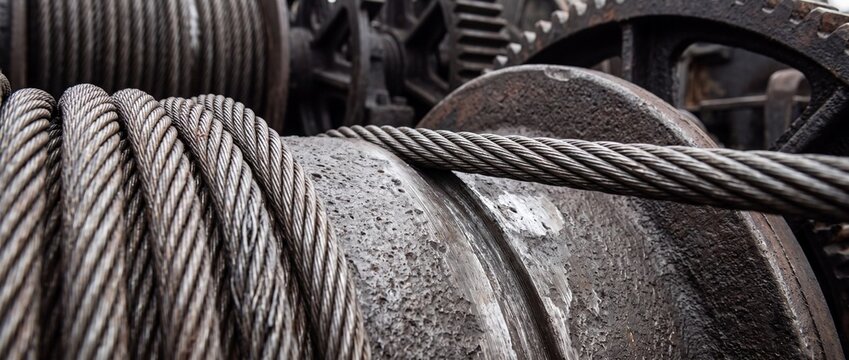 Industrial winch drum wrapped with heavy steel wire rope and massive gears details for lifting heavy loads in mining or construction