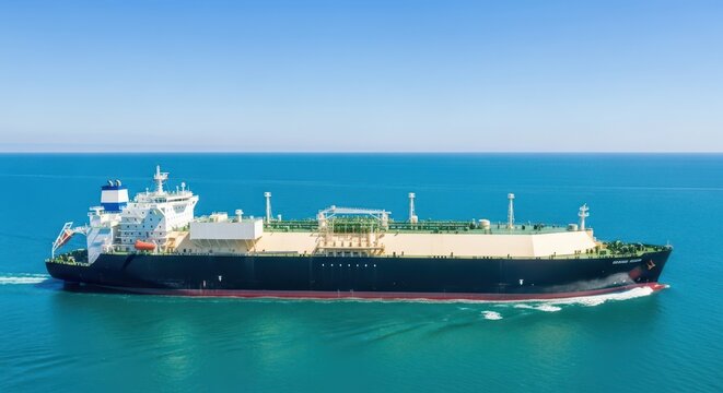 Modern liquefied natural gas carrier cruising across the vast blue ocean, representing global energy transport and maritime logistics.