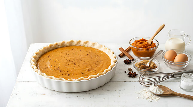 Homemade pumpkin pie with spices and ingredients on table.