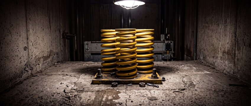 Yellow steel coil springs installed on heavy metal buffer plate base inside concrete elevator shaft pit floor under spotlight beam