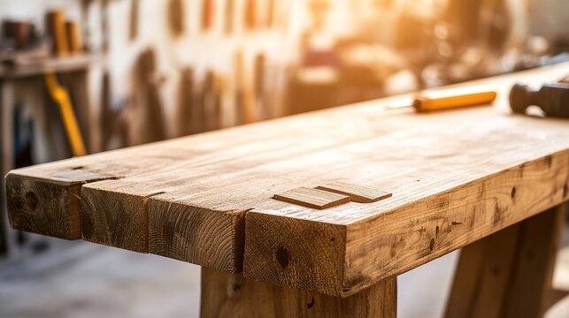 dovetail. Carpenter's workbench with detailed dovetail joint in focus, blurred tools in background. safety posters.