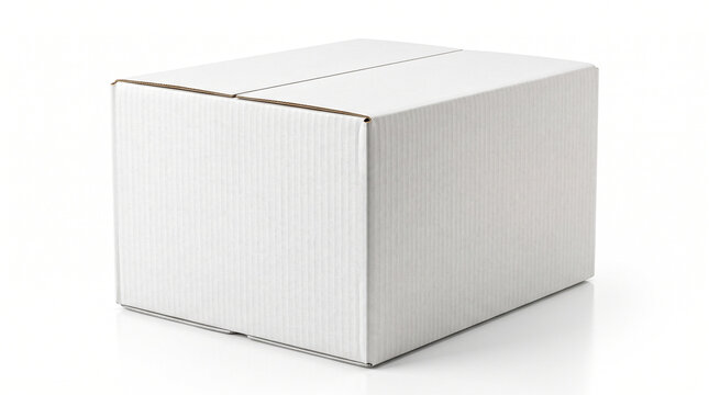 Ultra-realistic large plain white corrugated shipping box with closed top flaps, subtle cardboard texture, clean rectangular construction and slightly rounded edges