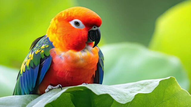 Colorful Parrot Perched on a Large Green Leaf