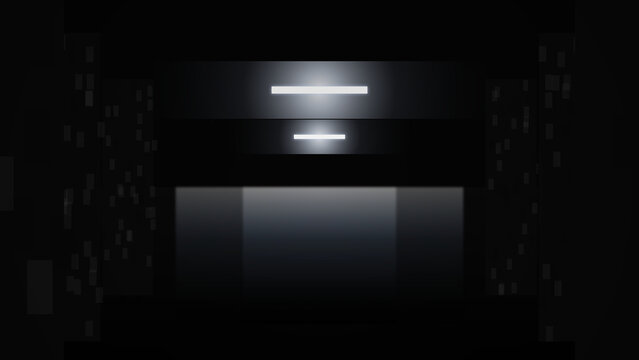Dark brutalist underground garage with glossy reflective floor and minimalist lighting
