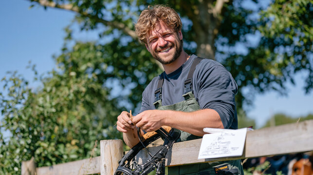Saddler stitching a bridle on an outdoor fence rail in dappled woodland light, candid unposed moment of craft focus, pyramid hierarchy diagram showing leather grades and bridle component quality lev