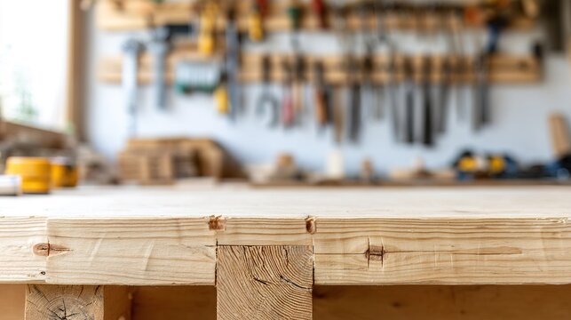 dovetail. Carpenter's workbench with detailed dovetail joint in focus, blurred tools in background. safety posters.