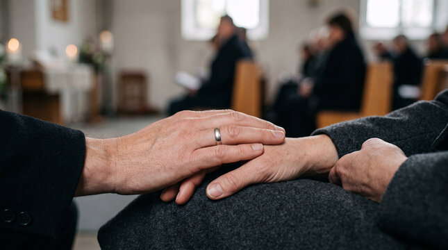Hands holding another's hand in comfort at a memorial service &mdash; emotional support and grief tradition concept.