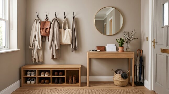 Cozy and organized entryway interior with a wooden shoe bench, coat hooks, console table, and round mirror in a modern home
