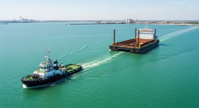 Powerful tugboat actively towing a large barge across the blue ocean waters under bright daylight