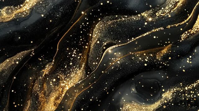 Abstract Flowing Gold and Black Liquid Texture with Sparkling Dust