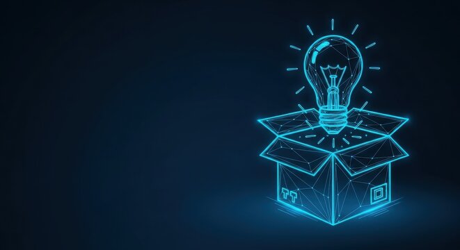 A digital wireframe lightbulb emerges from an open box, symbolizing innovation and new ideas