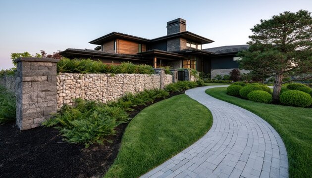 A modern luxury home with a stone facade and lush landscaping along a walkway