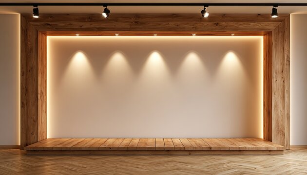A modern empty display alcove with warm wood trim and elegant ambient lighting