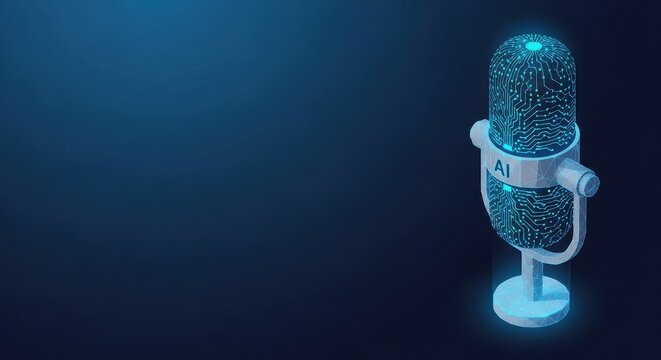 Futuristic AI microphone broadcasting digital soundwaves in a technological concept