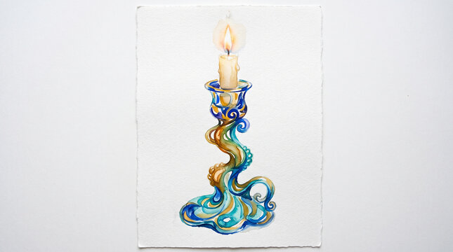 water colored  blue and gold  candlestick on white background