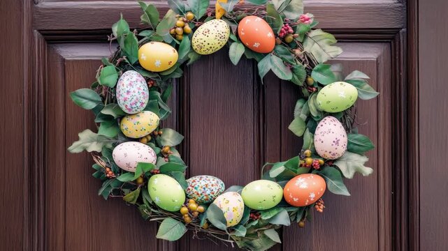 Decorated Easter wreath with pastel eggs on a dark wooden door