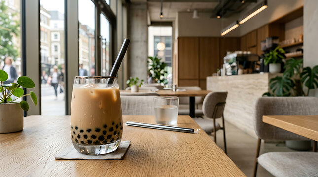 A glass of bubble tea with tapioca pearls and a straw on a wooden table in a modern cafe with large windows.